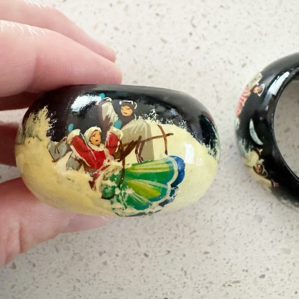 6 Vintage Handpainted Russian Napkin Holders Winter Scene Holiday Christmas